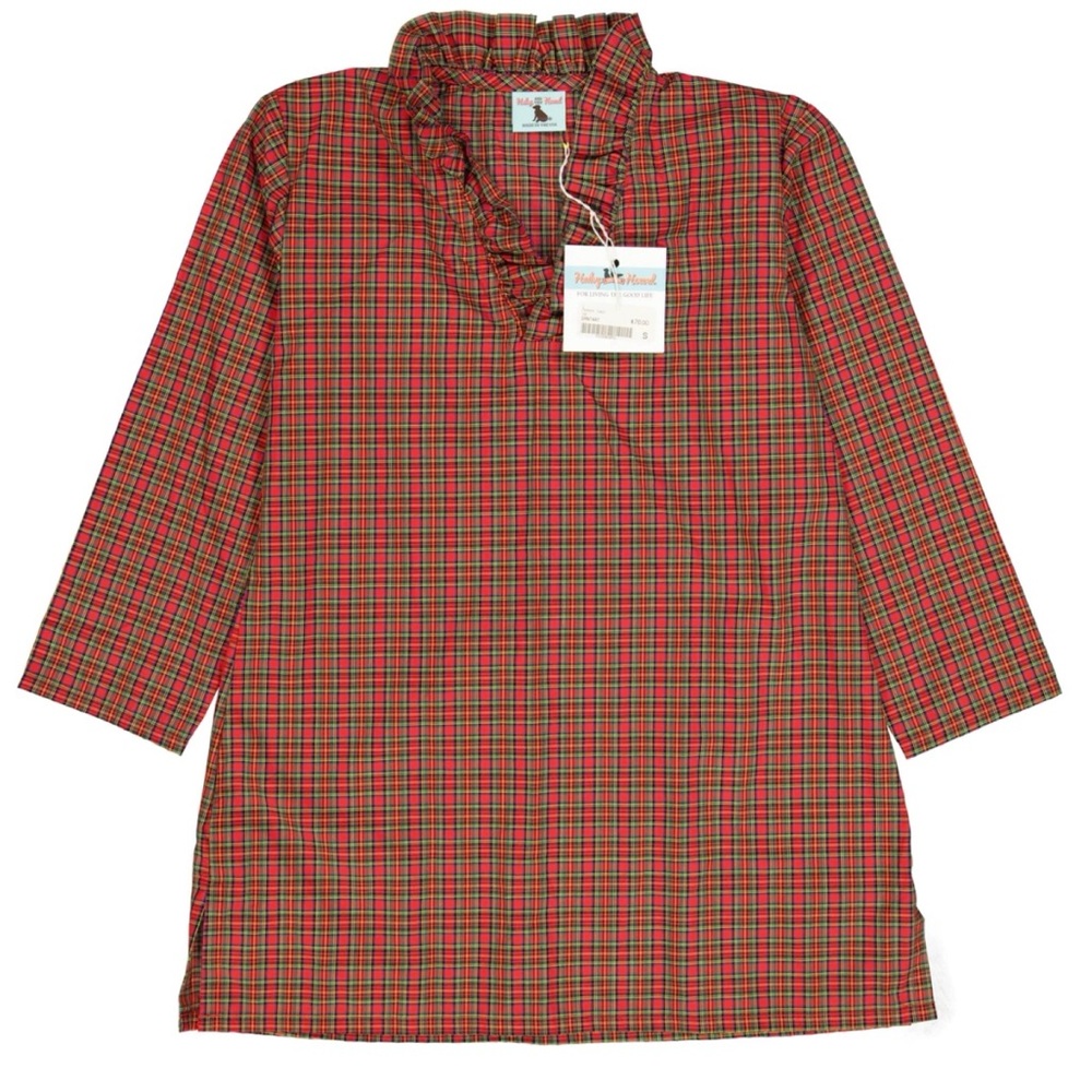 HALEY and the HOUND Red Plaid Tunic Ruffle Poplin Top Holiday Old Money S